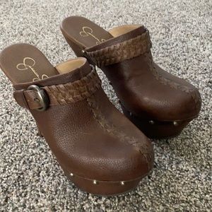 Jessica Simpson Brown Leather Peep Toe Clogs